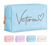 Fincekoom Personalized Makeup Bag with Name & Birth Flower, Custom Leather Cosmetic Bags for Women, Customized Travel Toiletry Bag Gifts for Bridesmaid Wedding, 008-Light Blue-Heart