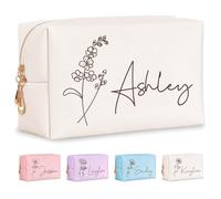 Fincekoom Personalized Makeup Bag with Name & Birth Flower, Custom Leather Cosmetic Bags for Women, Customized Travel Toiletry Bag Gifts for Bridesmaid Wedding, 001-White-Flower