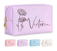 Fincekoom Personalized Makeup Bag with Name & Birth Flower, Custom Leather Cosmetic Bags for Women, Customized Travel Toiletry Bag Gifts for Bridesmaid Wedding, 003-Purplre-Flower