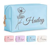 Fincekoom Personalized Makeup Bag with Name & Birth Flower, Custom Leather Cosmetic Bags for Women, Customized Travel Toiletry Bag Gifts for Bridesmaid Wedding, 004-Light Blue-Flower