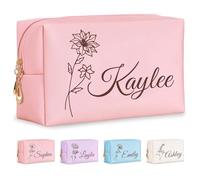 Fincekoom Personalized Makeup Bag with Name & Birth Flower, Custom Leather Cosmetic Bags for Women, Customized Travel Toiletry Bag Gifts for Bridesmaid Wedding, 002-Pink-Flower