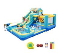 FINCOME Inflatable Bounce House, 10 in 1 Double Water Slide Bounce House with 750W Blower, Climbing Wall, Jumping, Water Gun, Splash Pool, Basketball Hoop for Kids Indoor Outdoor Backyard