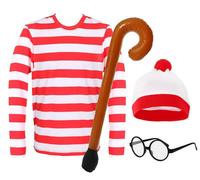 Find Me Costume - Top, Hat, Glasses & Walking Stick I Love Fancy Dress Red Medium