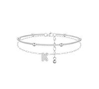 FindChic Anklets for Women Silver Ankle Bracelet Layered Beaded Design with CZ Initial Anklet Waterproof Non Tarnish Summer Women's Jewellery Foot Accessory Gift, Letter K