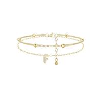 FindChic Gold Anklets for Women Layered Beaded Design with CZ Initial Ankle Bracelet Waterproof Non Tarnish Summer Beach Jewellery Foot Accessory Gift, Letter F