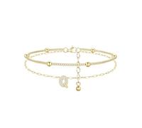 FindChic Gold Anklets for Women Layered Beaded Design with CZ Initial Ankle Bracelet Waterproof Non Tarnish Summer Beach Jewellery Foot Accessory Gift, Letter Q