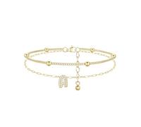 FindChic Gold Anklets for Women Layered Beaded Design with CZ Initial Ankle Bracelet Waterproof Non Tarnish Summer Beach Jewellery Women's Foot Accessory Gift, Letter A