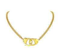 FindChic Gold Handcuff Necklace for Men & Women, 18k Gold Plated Stainless Steel Personalised Engrave Partner In Crime Handcuff Jewellery Gift, Curb Cuban Chain Handcuffs Necklace