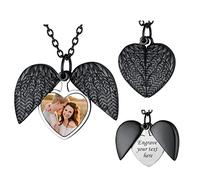 FindChic Heart Locket Necklace Personalized Photo Gifts Custom Chain Engraved Jewelry Angel Wings Pendant Dog Memorial Necklace Black Locket Charm Necklace