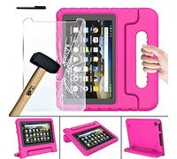 FINDING CASE for Amazon Fire 7 with Alexa Tablet Kids Case(9th & 7th & 5th Gen,2019 & 2017 & 2015 Release) With Tempered Glass Screen Protector Cover - ShockProof Handle Foam Stand Cover pink