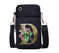 FINDING CASE initial letter Printed Women Girls men Zipper Waterproof Nylon 3 Layers Crossbody Bags Wallet Cellphone Purse Shoulder Bag Wristlet Handbags Adjustable Strap (Golden flower D)