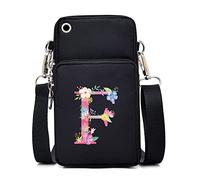 FINDING CASE initial letter Printed Women Girls men Zipper Waterproof Nylon 3 Layers Crossbody Bags Wallet Cellphone Purse Shoulder Bag Wristlet Handbags Adjustable Strap (pink F)