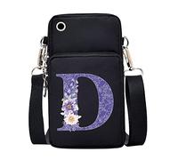 FINDING CASE initial letter Printed Women Girls men Zipper Waterproof Nylon 3 Layers Crossbody Bags Wallet Cellphone Purse Shoulder Bag Wristlet Handbags Adjustable Strap (Purple flower D)