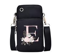 FINDING CASE initial letter Printed Women Girls men Zipper Waterproof Nylon 3 Layers Crossbody Bags Wallet Cellphone Purse Shoulder Bag Wristlet Handbags Adjustable Strap (Pink Flower E)