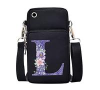 FINDING CASE initial letter Printed Women Girls men Zipper Waterproof Nylon 3 Layers Crossbody Bags Wallet Cellphone Purse Shoulder Bag Wristlet Handbags Adjustable Strap (Purple flower L)