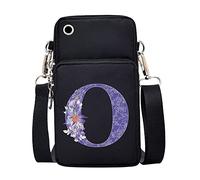 FINDING CASE initial letter Printed Women Girls men Zipper Waterproof Nylon 3 Layers Crossbody Bags Wallet Cellphone Purse Shoulder Bag Wristlet Handbags Adjustable Strap (Purple flower O)