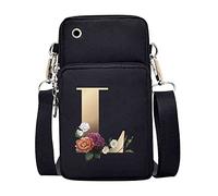 FINDING CASE initial letter Printed Women Girls men Zipper Waterproof Nylon 3 Layers Crossbody Bags Wallet Cellphone Purse Shoulder Bag Wristlet Handbags Adjustable Strap (gold L)