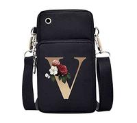 FINDING CASE initial letter Printed Women Girls men Zipper Waterproof Nylon 3 Layers Crossbody Bags Wallet Cellphone Purse Shoulder Bag Wristlet Handbags Adjustable Strap (gold V)