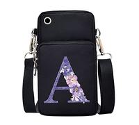 FINDING CASE initial letter Printed Women Girls men Zipper Waterproof Nylon 3 Layers Crossbody Bags Wallet Cellphone Purse Shoulder Bag Wristlet Handbags Adjustable Strap (Purple flower A)