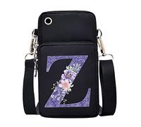 FINDING CASE initial letter Printed Women Girls men Zipper Waterproof Nylon 3 Layers Crossbody Bags Wallet Cellphone Purse Shoulder Bag Wristlet Handbags Adjustable Strap (Purple flower Z)