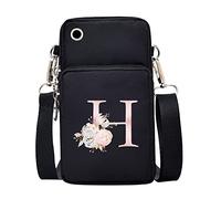 FINDING CASE initial letter Printed Women Girls men Zipper Waterproof Nylon 3 Layers Crossbody Bags Wallet Cellphone Purse Shoulder Bag Wristlet Handbags Adjustable Strap (Pink Flower H)