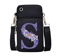 FINDING CASE initial letter Printed Women Girls men Zipper Waterproof Nylon 3 Layers Crossbody Bags Wallet Cellphone Purse Shoulder Bag Wristlet Handbags Adjustable Strap (Purple flower S)