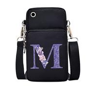 FINDING CASE initial letter Printed Women Girls men Zipper Waterproof Nylon 3 Layers Crossbody Bags Wallet Cellphone Purse Shoulder Bag Wristlet Handbags Adjustable Strap (Purple flower M)