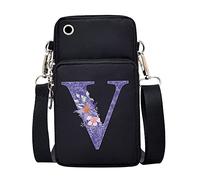 FINDING CASE initial letter Printed Women Girls men Zipper Waterproof Nylon 3 Layers Crossbody Bags Wallet Cellphone Purse Shoulder Bag Wristlet Handbags Adjustable Strap (Purple flower V)