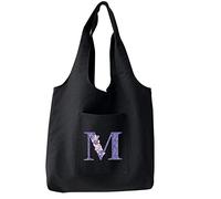 FINDING CASE Reusable Heavy Duty Shopping Medium Tote Bag 100% Cotton Canvas with Strong Matching Handles,Shopping Bags Large Capacity Canvas Tote Bags with Inner Pocket (Purple flower M)