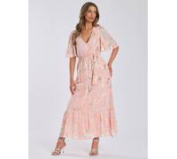 Finding Friday Metallic Jaquard Short Sleeve Maxi Dress In Coral Coral 12