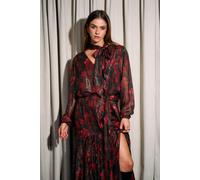 Finding Friday Printed Metallic Long Sleeve Blouse With Tie Neck In Red Red 8