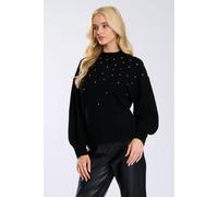 Finding Friday Women's High Neck Diamante Trim Knitted Jumper in Black | Size: 8