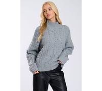 Finding Friday Women's High Neck Pearl Trim Cabel Knit Jumper in Grey | Size: 8