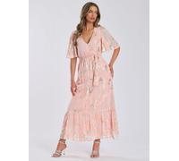 Finding Friday Women's Metallic Jaquard Short Sleeve Maxi Dress in Coral | Size: 12 Finding Friday Coral 12