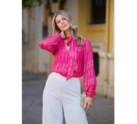 Finding Friday Women's Metallic Long Sleeve Blouse With Tie Neck in Dark Pink | Size: 14