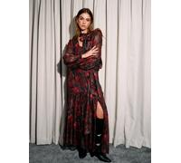 Finding Friday Women's Metallic Printed Aline Maxi Skirt With Ruffle Detail in Red | Size: 12 Finding Friday Red 12