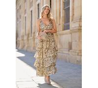 Finding Friday Women's Metallic Printed Ruffle Strappy Shoulder Maxi Dress Dres | Size: 12
