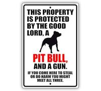 Findkate This Property is Protected by The Good Lord A Pit Bull Dog Unique Novelty Caution Outdoor Warning Notice Aluminum Metal Sign 8""x12"" Home Decor Holiday Wall Art