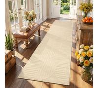 Findosom Washable Runner Rug 2x8, Geometric High-Low Textured Non Slip Hallway Runner Rug with Rubber Backing, Boho Carpet Runner for Kitchen, Bedroom, Laundry, Entryway, Bathroom, Beige