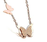 findout 14K rose gold plated titanium steel double frosted dimensional butterfly pendant necklace (f1493)
