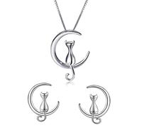 findout 925 sterling silver Cute Cat Love You on The Moon pendant necklace + earrings set with curb chain 18" gift for women girls (f1826)