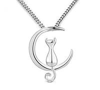 findout 925 sterling silver Cute Cat Love You on The Moon pendant necklace with curb chain 18"(f480)