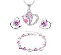 Findout Jewelry Set for Women, Sterling Silver Amethyst Red Pink Blue Clear Green Crystal Heart Pendant Necklace and Earrings with Bracelets Jewelry Sets for Women and Girls(pink crystal)