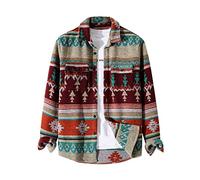 FindThy Men’s Brushed Flannel Shirts Ethnic Aztec Print Button Up Lapel Tribal Shirt Jacket Shacket, 01 Dark Red, Medium