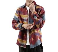 FindThy Men’s Brushed Flannel Shirts Ethnic Aztec Print Button Up Lapel Tribal Shirt Jacket Shacket, Red, Medium