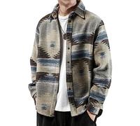 FindThy Men’s Brushed Flannel Shirts Ethnic Aztec Print Button Up Lapel Tribal Shirt Jacket Shacket, Grey, XL