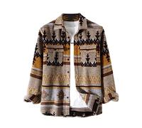 FindThy Men’s Brushed Flannel Shirts Ethnic Aztec Print Button Up Lapel Tribal Shirt Jacket Shacket, 01 Khaki, Medium