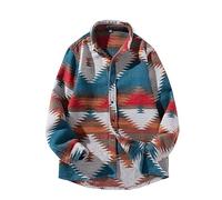 FindThy Men’s Brushed Flannel Shirts Ethnic Aztec Print Button Up Lapel Tribal Shirt Jacket Shacket, Blue White, XL