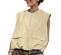 FindThy Women’s Cargo Vest Oversized Full Zip Sleeveless Ruched Hem Casual Tops with Pockets, Khaki, S