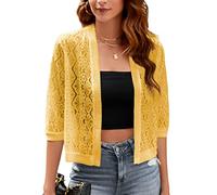 FindThy Women’s Casual Summer Lace Cardigan Open Front 3/4 Sleeve Solid Lace Shrug Cover Up, Yellow, XL